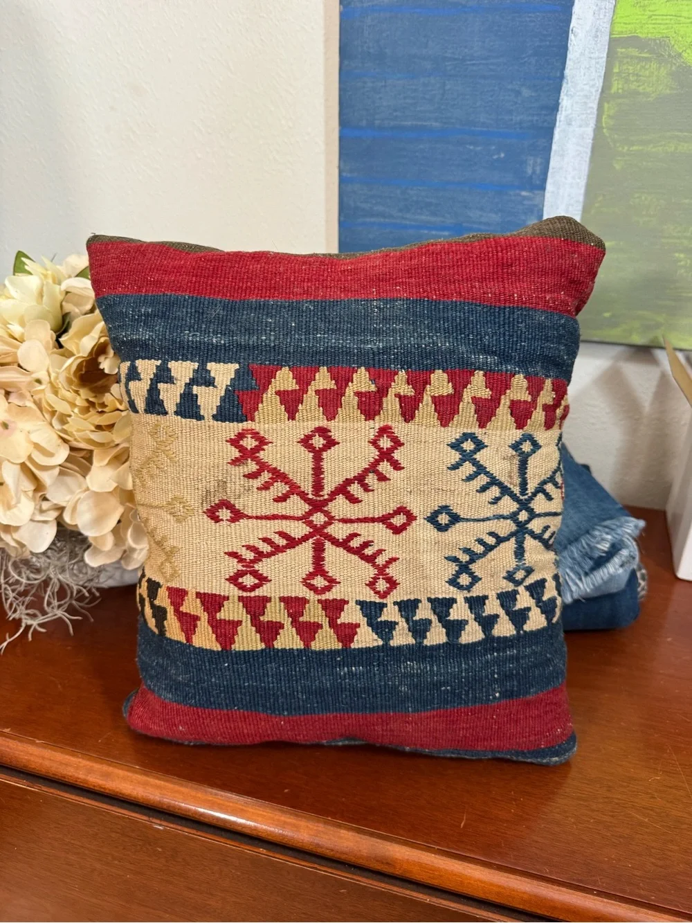 Vintage Handwoven Turkish Kilim Accent Pillow in Red, Navy & Tan